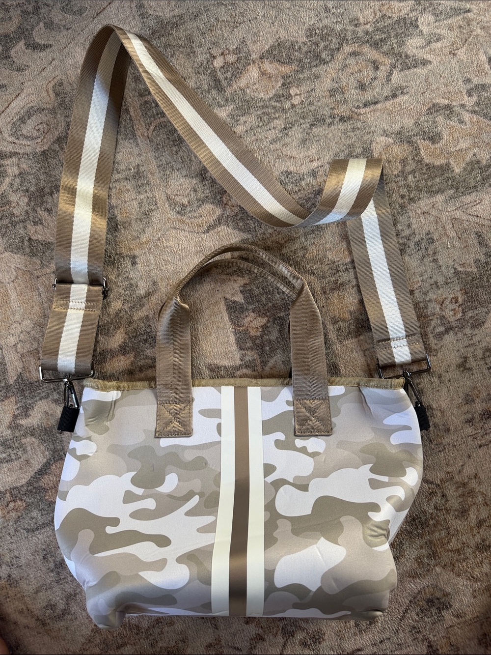 HAUTE SHORE Taupe and White Camo Crossbody Bag with Striped Strap